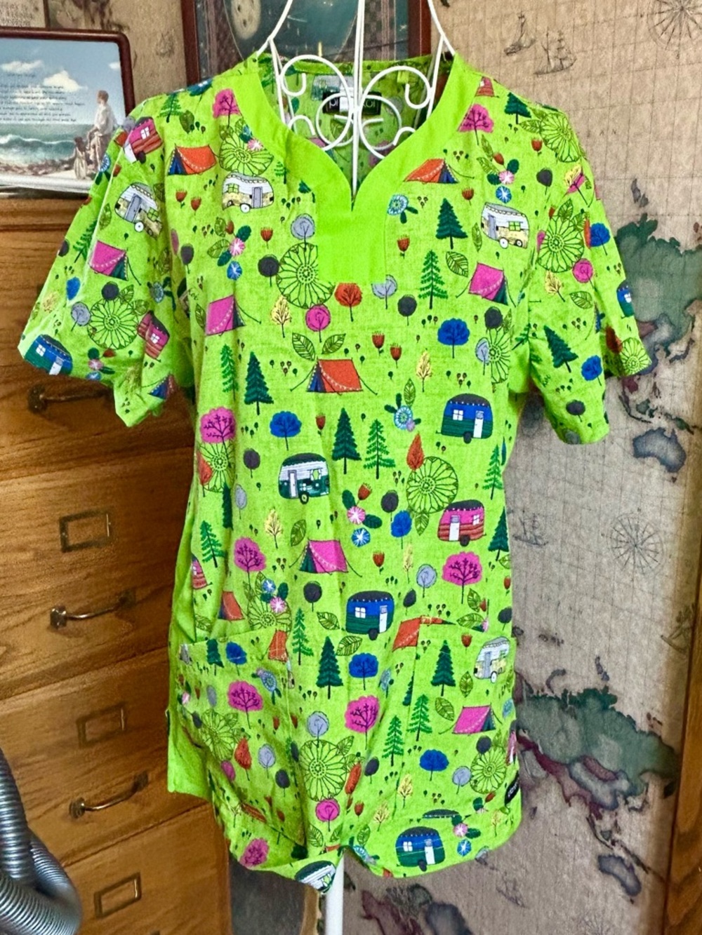 Planet Koi Camping Print Scrub top